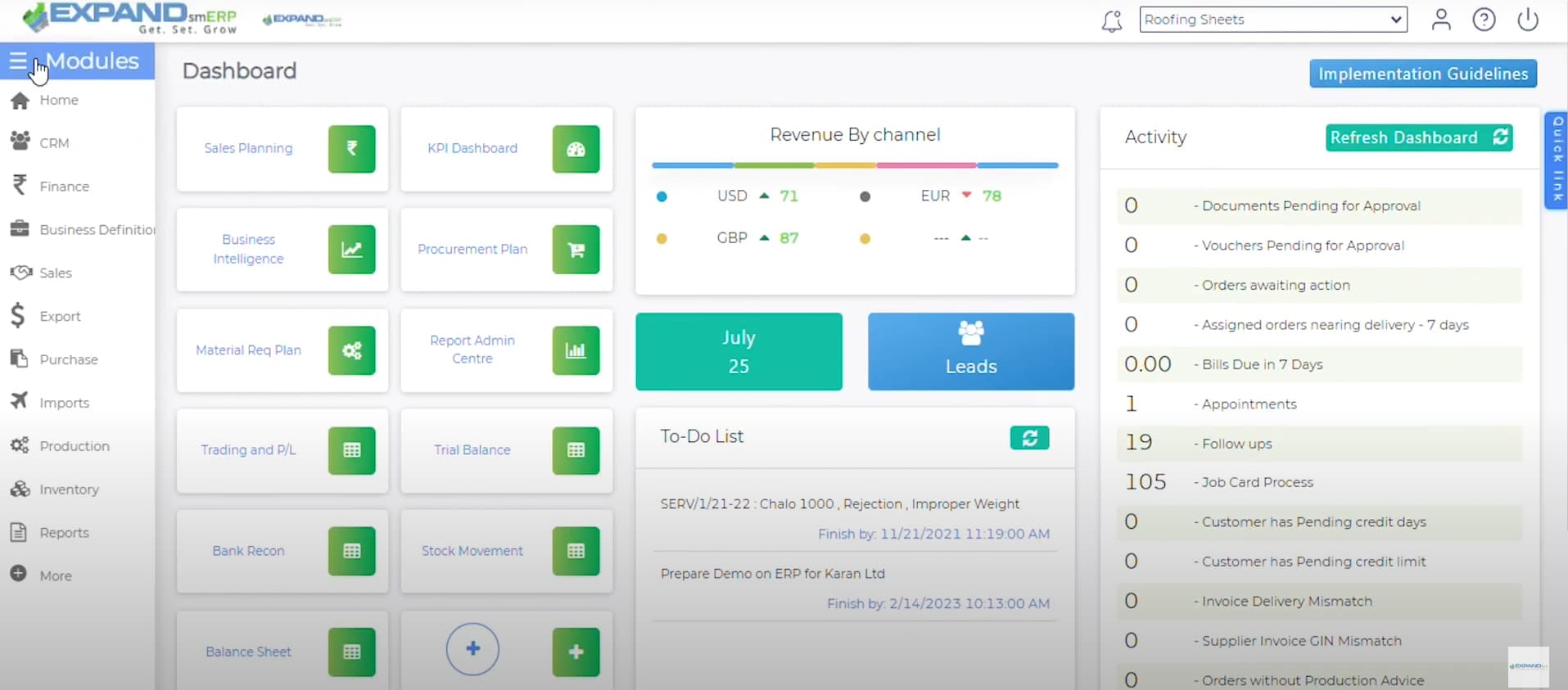 Expand ERP Dashboard Dashboard displaying available modules, revenue by sales channel, and recent activity logs