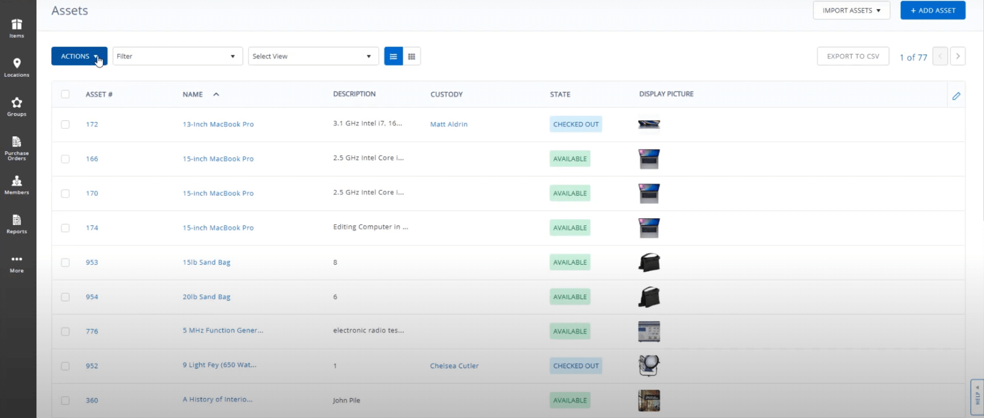EZOffice Dashboard Dashboard displaying asset list with product names, descriptions, images, and key inventory details.