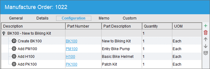 Fishbowl Manufacturing Dashboard Manufacture order interface showing manufacturing orders with operation and part details, quantities, units of measure, memos, and custom fields.