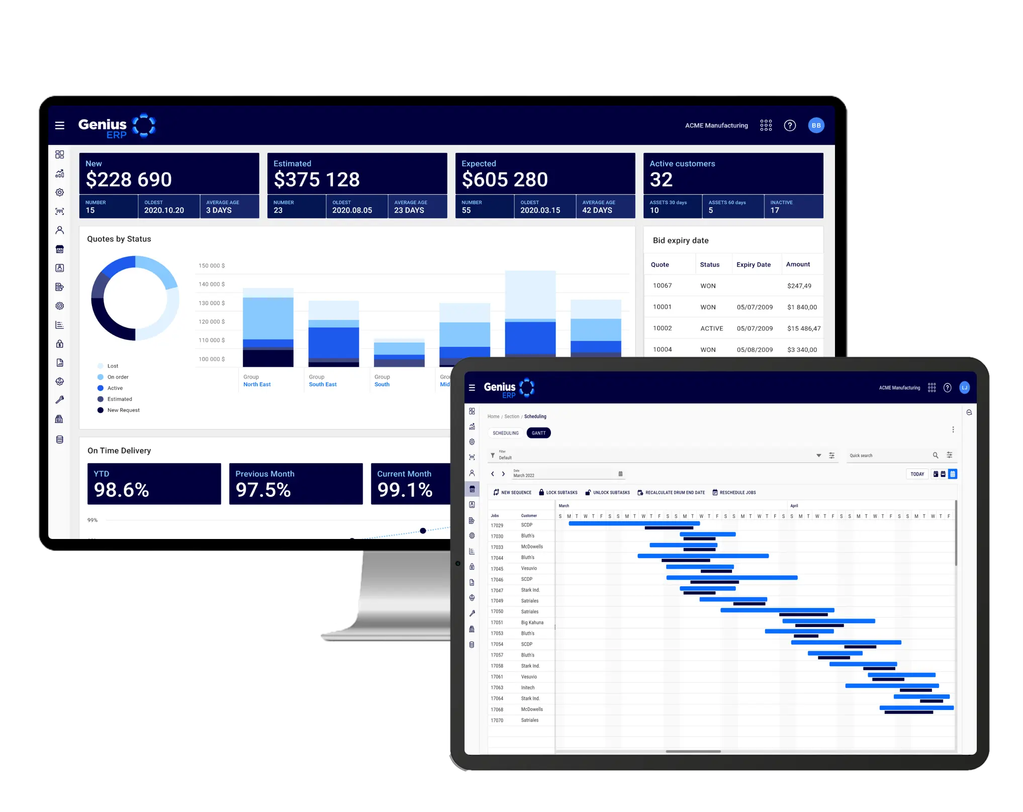 Genius ERP Manufacturing Dashboard Dashboard displaying production order calendar, active customer count, revenue metrics, and delivery status.