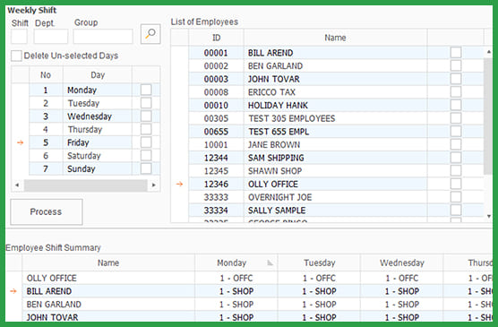 Global Shop Solutions Performance Dashboard Dashboard showing weekly shop floor shift performance with employee list, performance summaries, and filter options.
