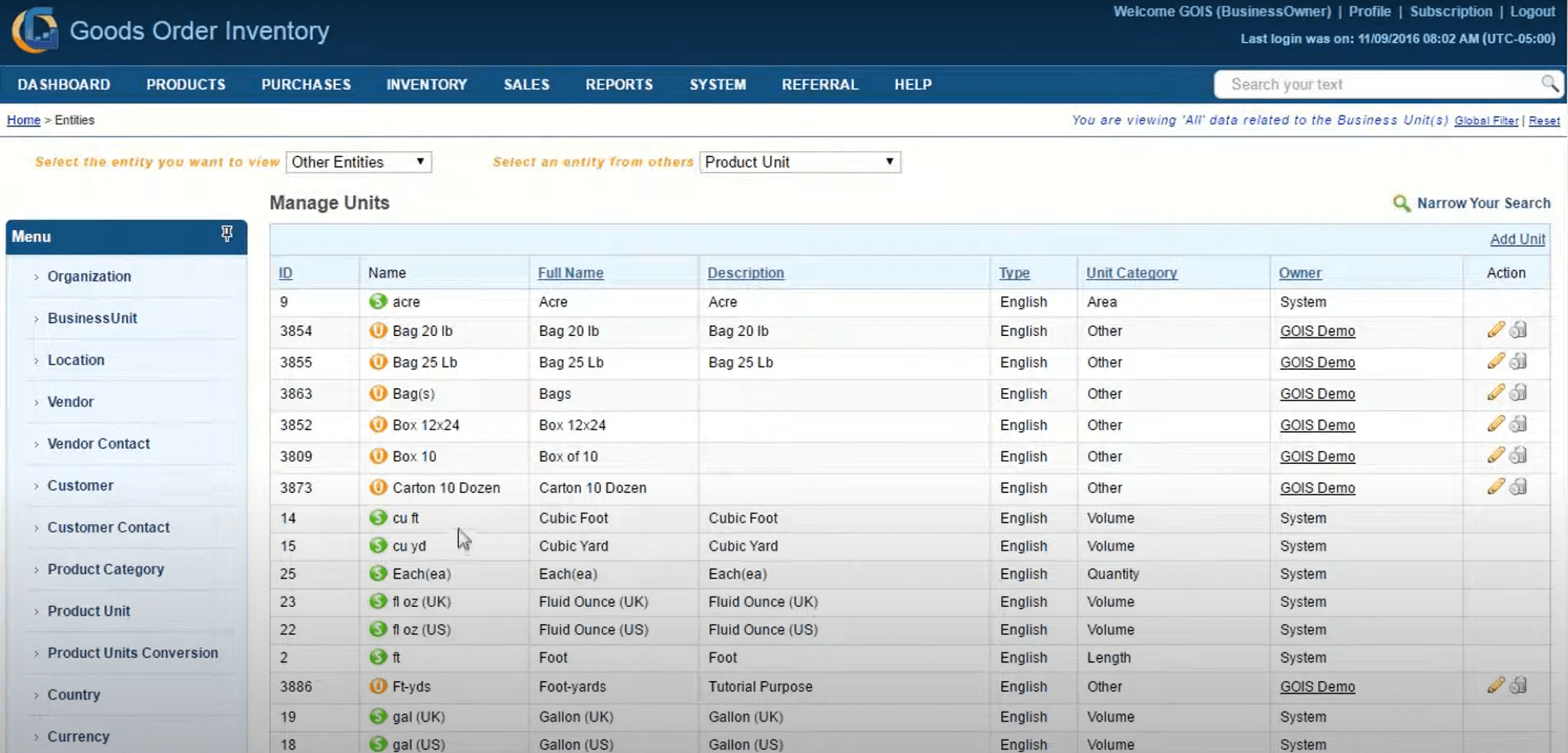 Goods Order Inventory Dashboard Dashboard displaying inventory units with product names, descriptions, categories, and key item details.