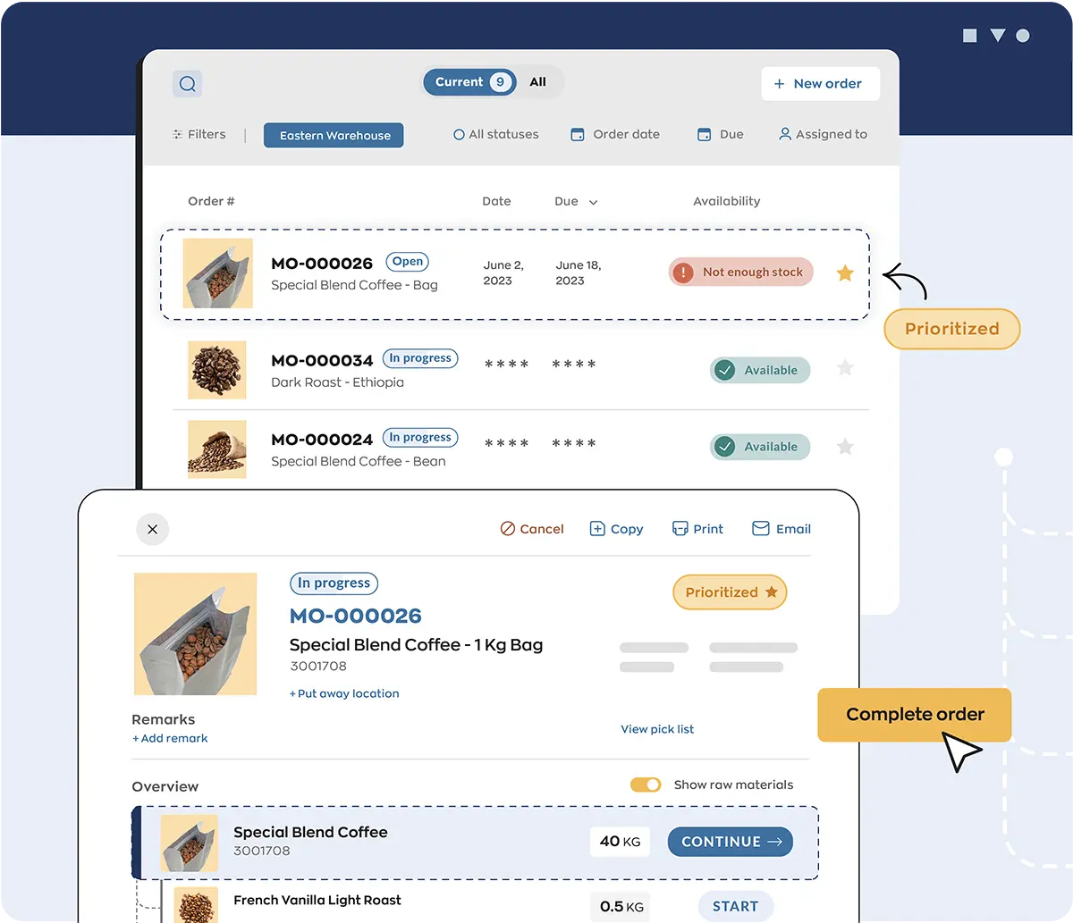 inFlow Manufacturing Dashboard Production dashboard displaying production orders with warehouse locations, statuses, due dates, material availability, and assigned team members.