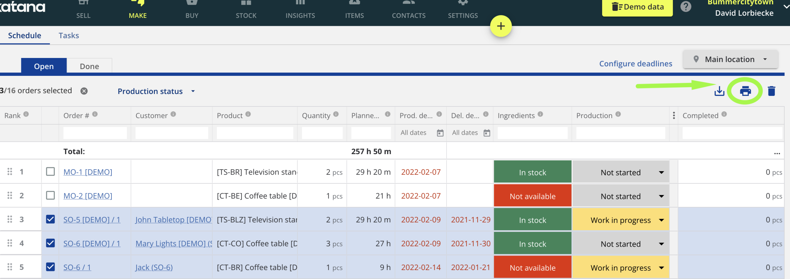 Katana Production Order Dashboard Dashboard showing production orders with statuses (Not Started, WIP, Done, Blocked), raw material statuses (in stock, not available, expected), planned quantities, and deadlines.