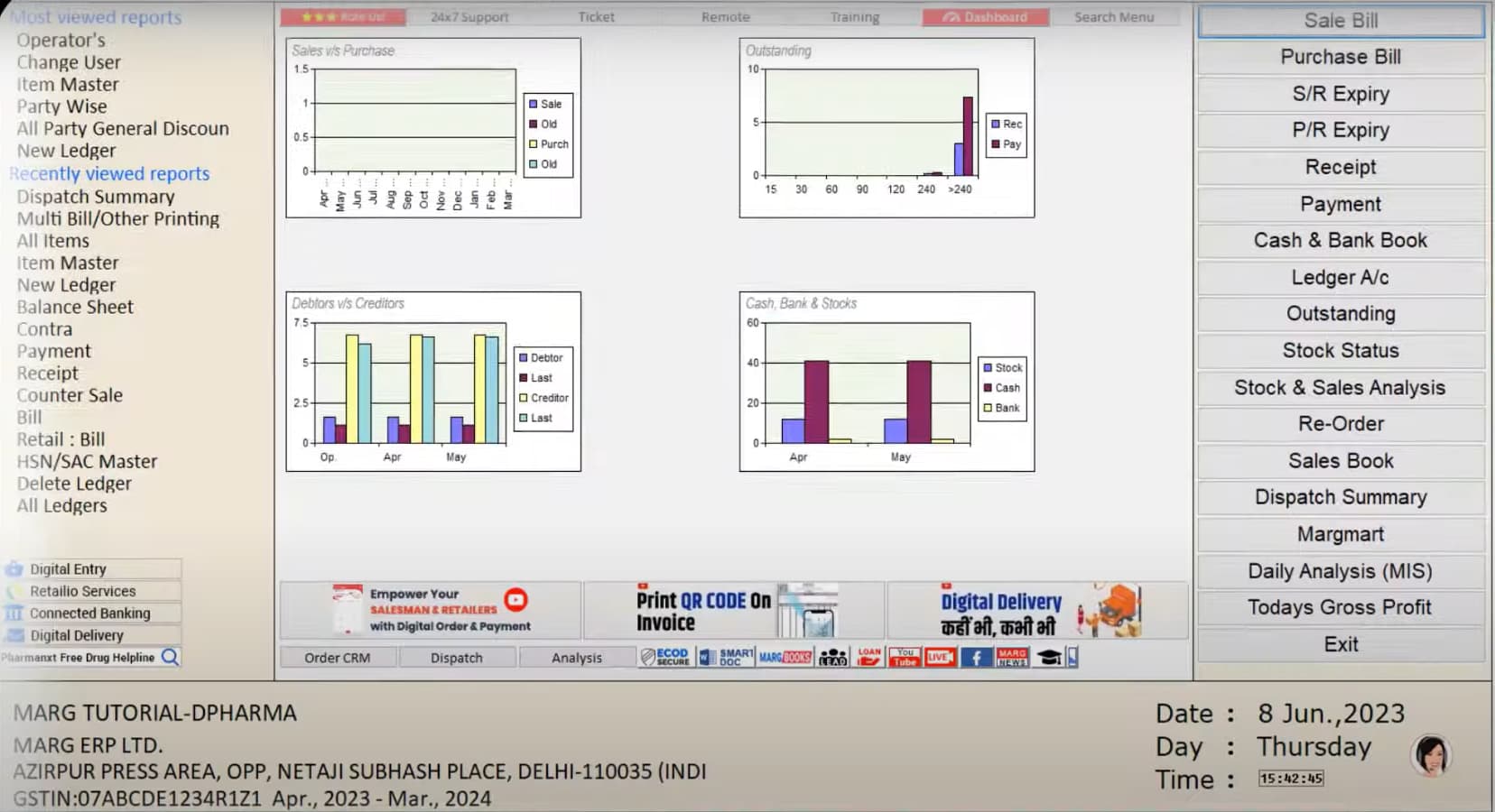 Marg ERP Dashboard Dashboard with reports, billing overview, stock and sales analysis, dispatch summary, gross profit, and additional insights