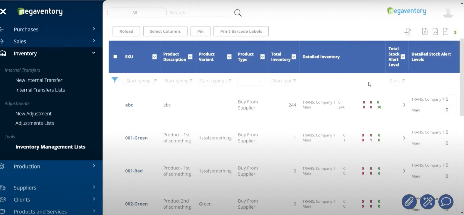Megaventory Dashboard Dashboard displaying products with SKUs, descriptions, product types, variants, stock levels, alerts, and barcodes.