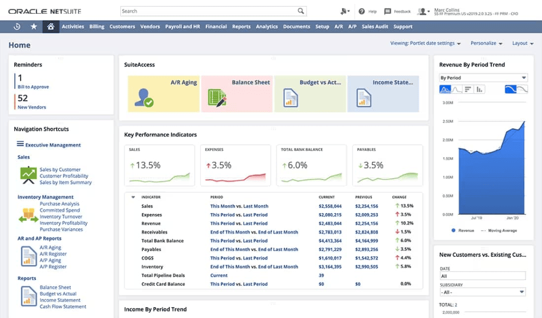 NetSuite ERP Dashboard Dashboard displaying key performance indicators for sales, expenses, total bank balance, and outstanding payables