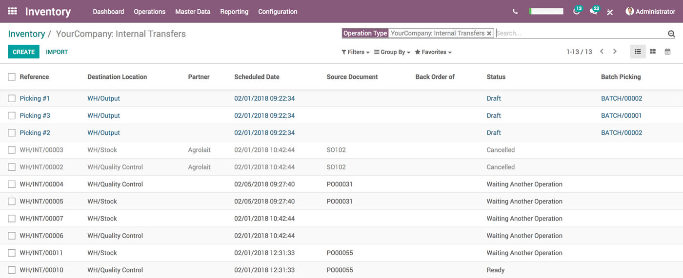 Odoo Inventory Module Dashboard Inventory dashboard showing internal stock transfers, including status updates, batch numbers, destination locations, scheduled dates, and linked documents