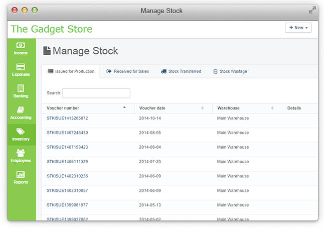 ProfitBooks Stock Dashboard Stock dashboard displaying item lists with voucher numbers, transaction dates, and warehouse locations.