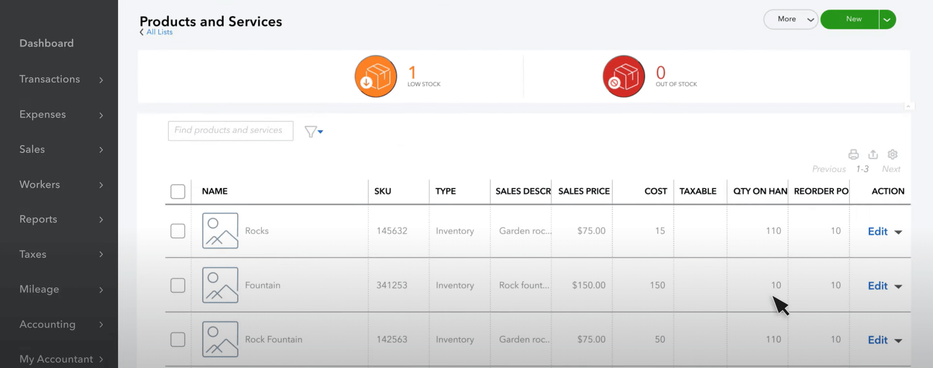 QuickBooks Inventory Dashboard Inventory dashboard displaying product and service catalog with images, SKUs, pricing, taxes, stock levels, and reorder points.