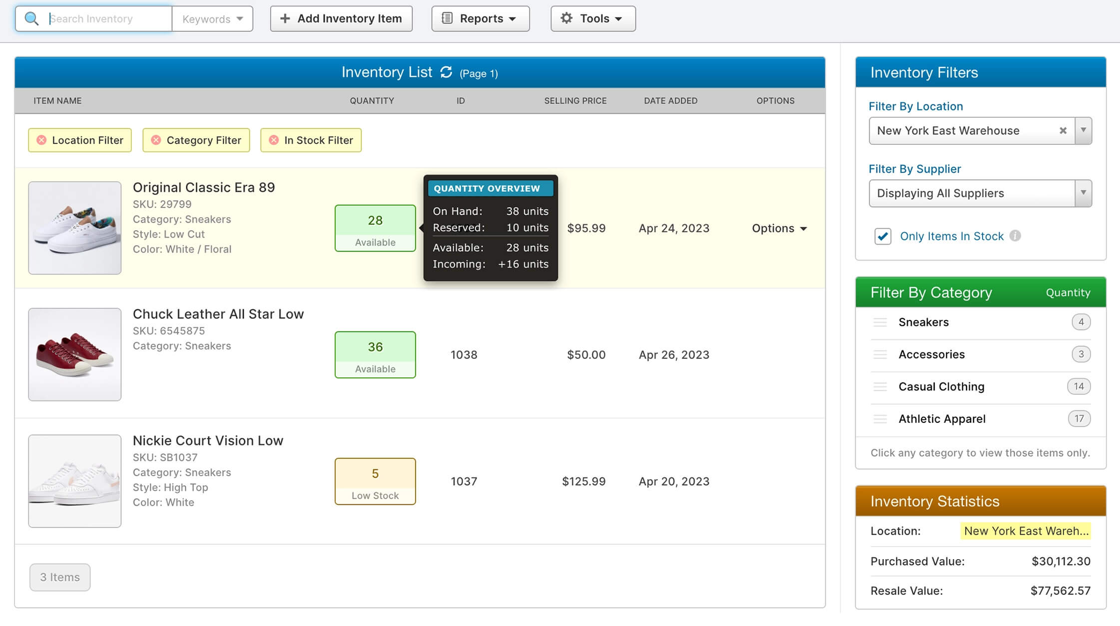Salesbinder Inventory Management Dashboard Dashboard showing inventory overview with filters, product categories, stock statistics, and pricing details