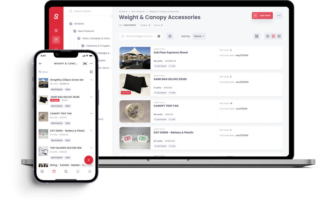 Sortly Inventory Dashboard Inventory dashboard displaying product images, pricing details, and advanced sorting filters