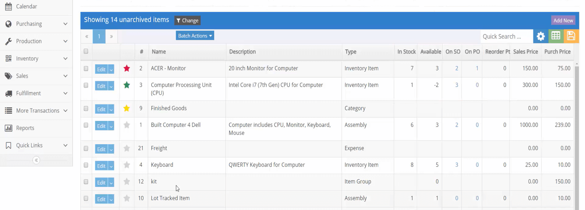 SOS Inventory Dashboard Inventory dashboard showing item names, descriptions, statuses, reorder levels, sales prices, and purchase costs.