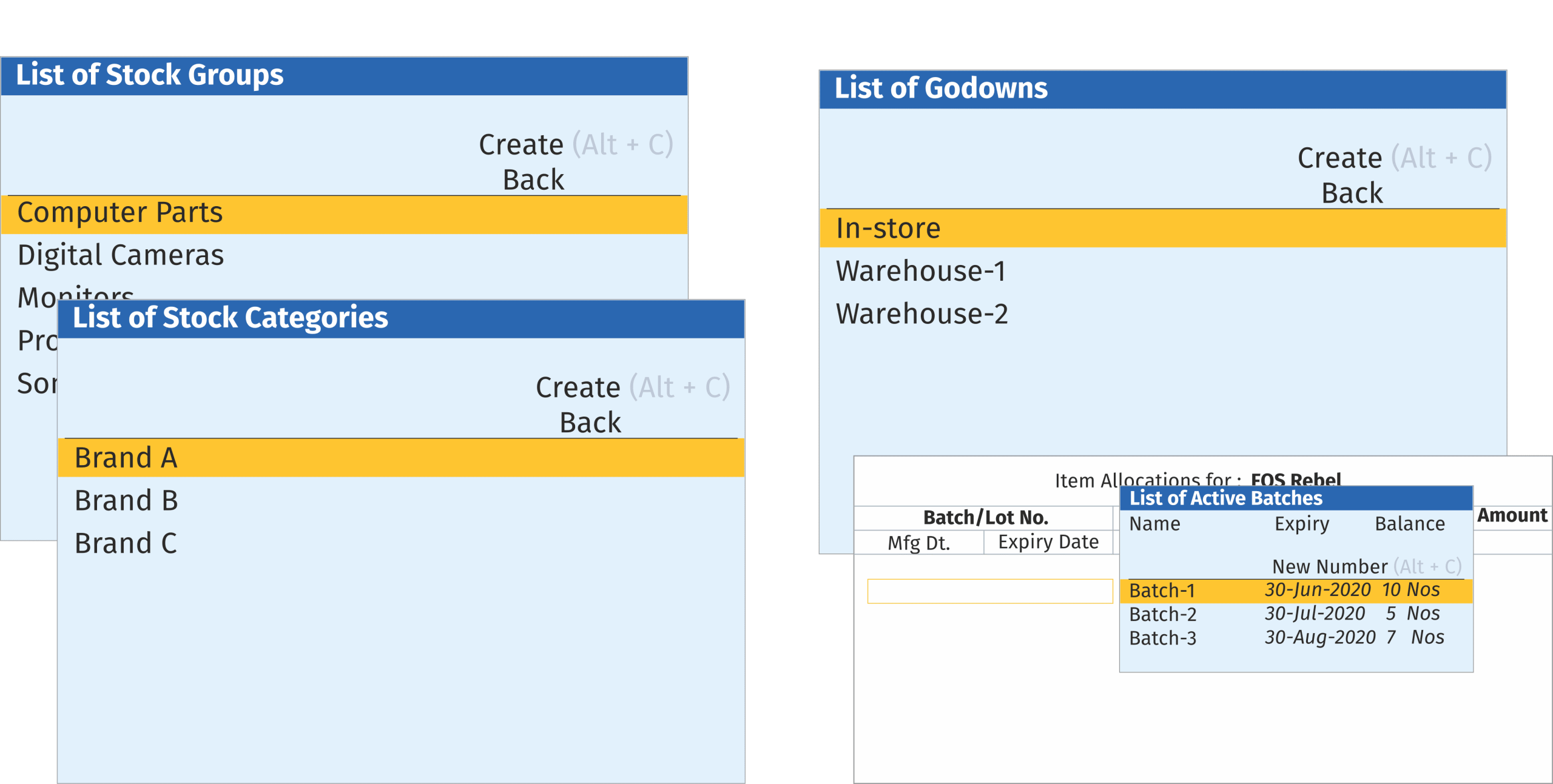 TallyPrime Dashboard Dashboard showing stock groups, categories, and warehouse locations (godowns)