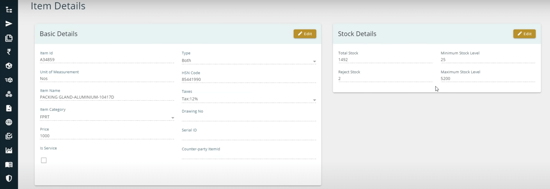 Tranzact Inventory Dashboard Inventory dashboard displaying item details with units of measure, categories, tax info, pricing, serial numbers, stock levels, and rejected items