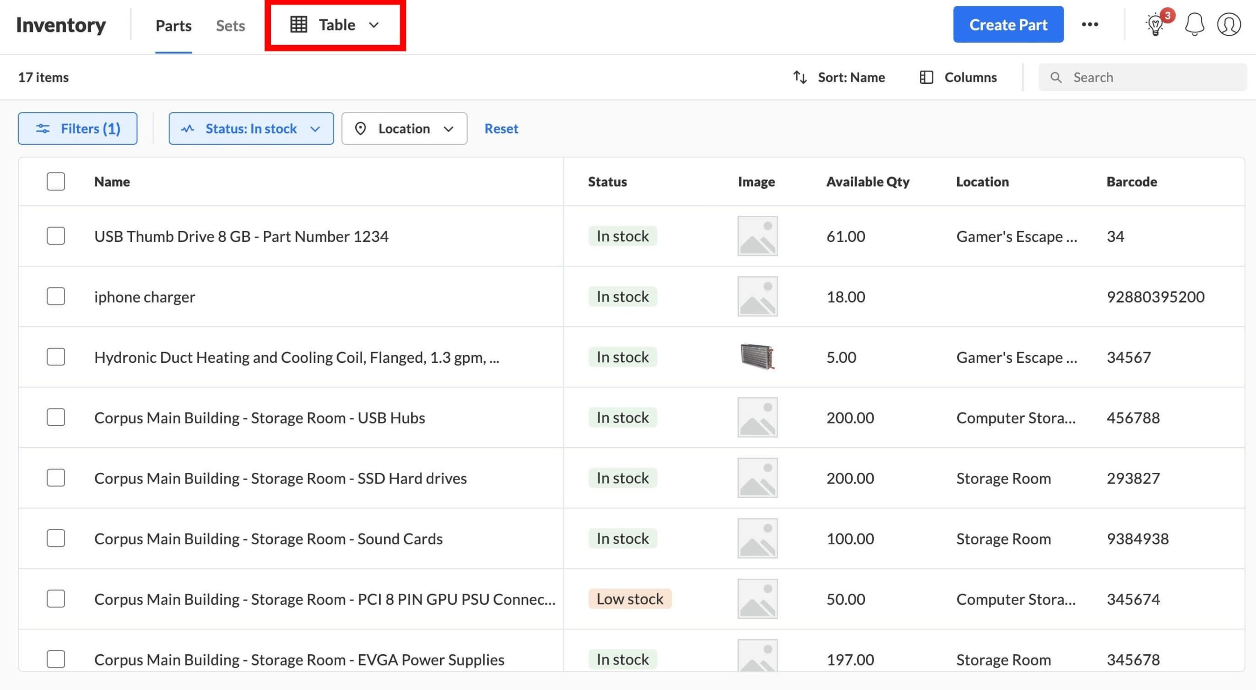 UpKeep Inventory Dashboard Inventory dashboard showing product items with availability status, images, stock quantity, storage locations, and barcodes.