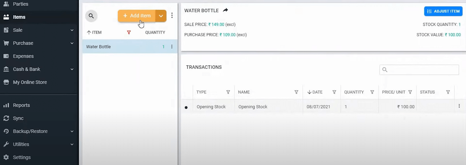 Vyapar Inventory Dashboard Inventory dashboard showing product list with sale and purchase prices, stock quantity, total stock value, and transaction records