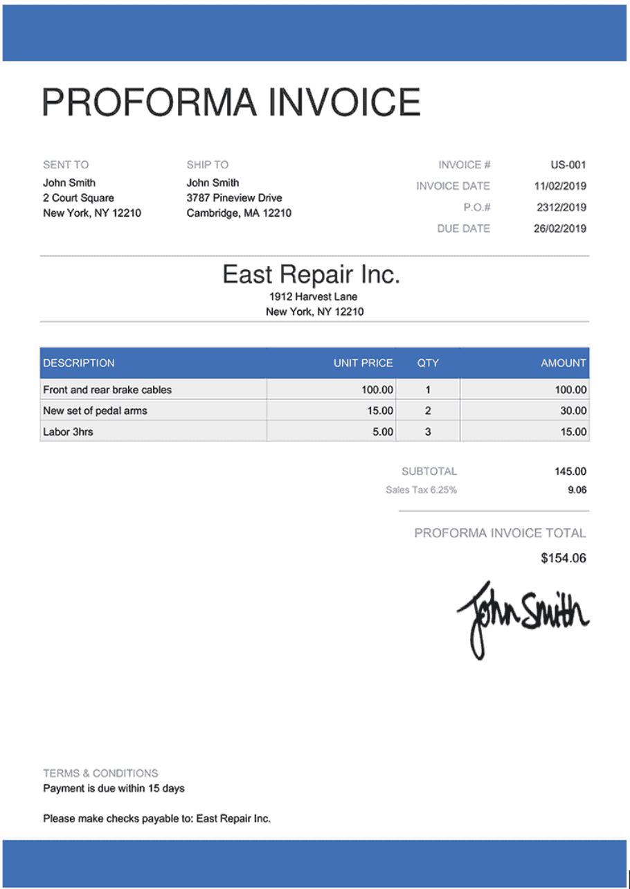 Basic Proforma Invoice Example The screenshot showing the example of a proforma invoice