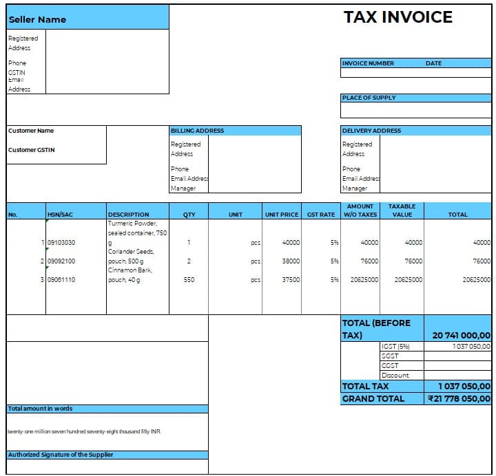 Tax Invoice Example The screenshot showing the tax invoice example