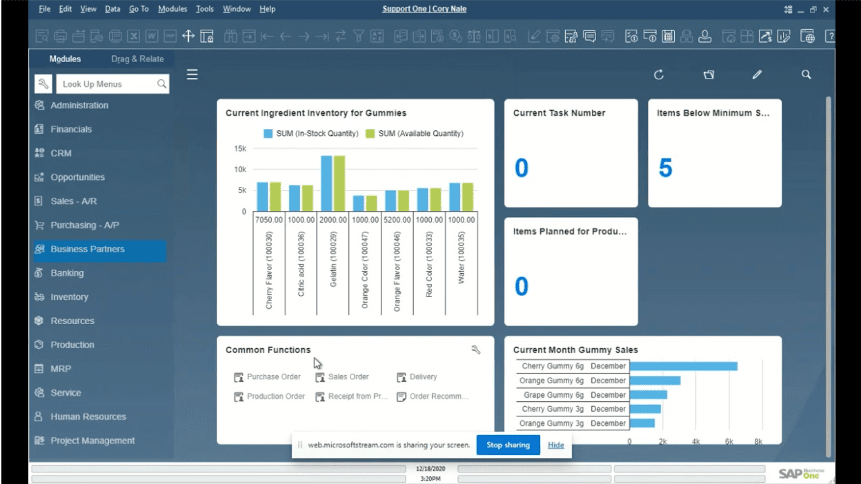 SAP Business One Dashboard The screenshot showing the SAP Business One dashboard