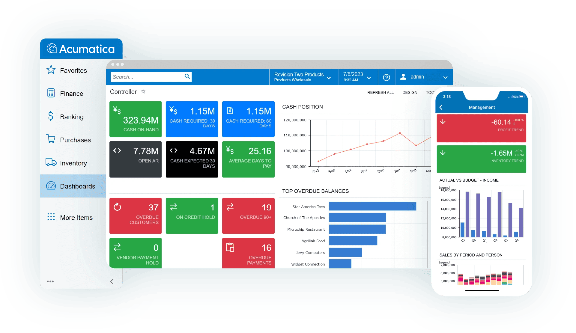 Acumatica Dashboard Dashboard displaying cash flow overview, overdue balances, and budget performance metrics