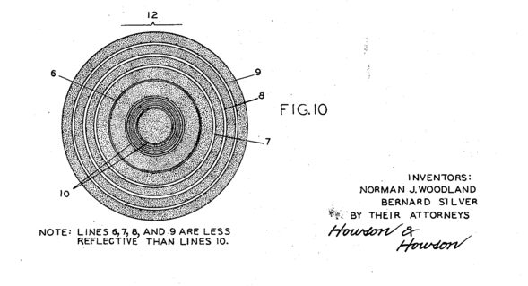 Bullseye Barcode Design from the First Barcode Patent (1949) Patent image of the first barcode design — bullseye target pattern invented by Norman Woodland and Bernard Silver in 1949