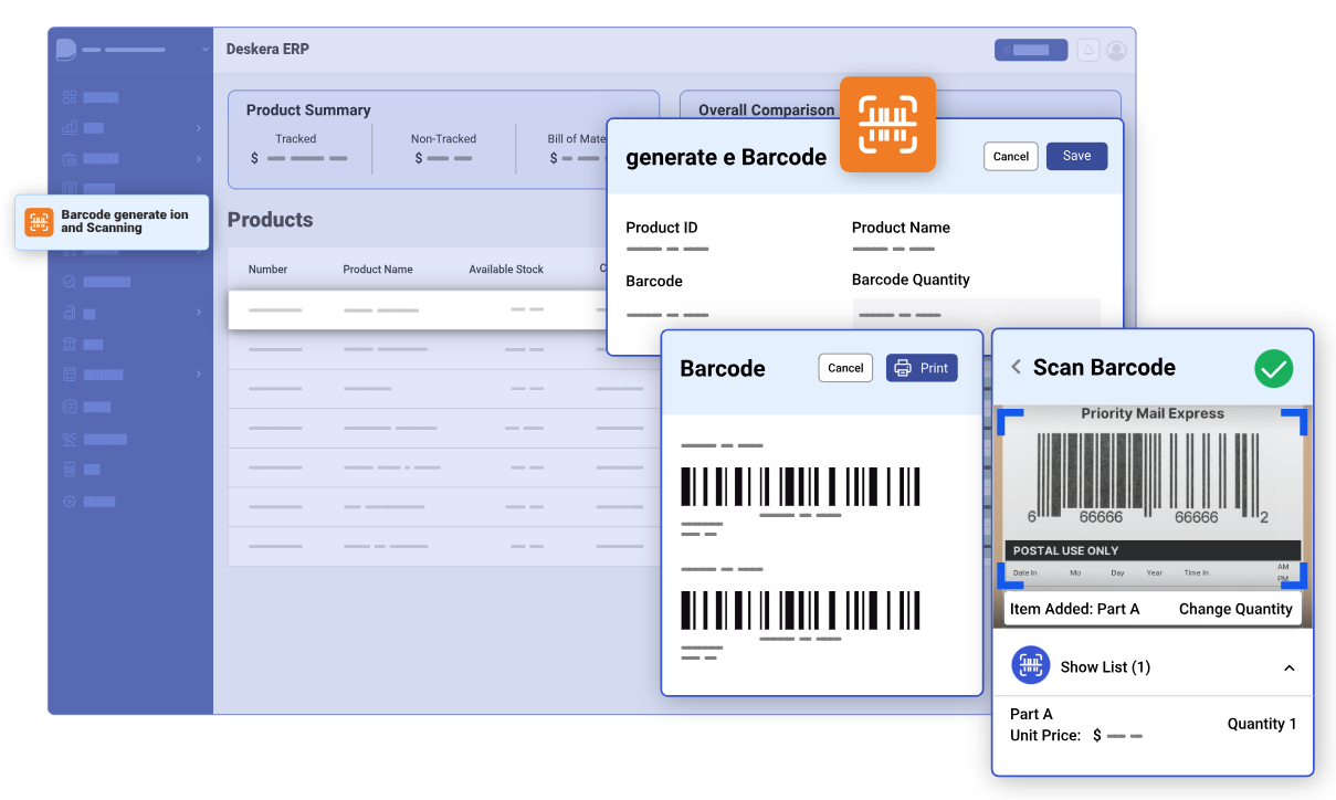 Deskera Dashboard for Barcode Generation and Item Tracking Deskera interface showing barcode generation with product IDs, item names, and quantities.