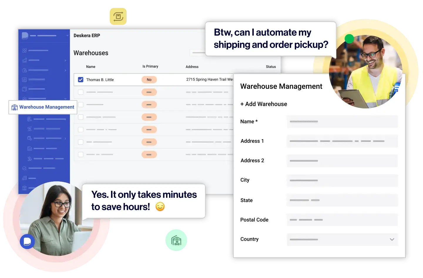 Deskera WMS Dashboard Warehouse management dashboard displaying warehouse addresses, statuses, and locations.