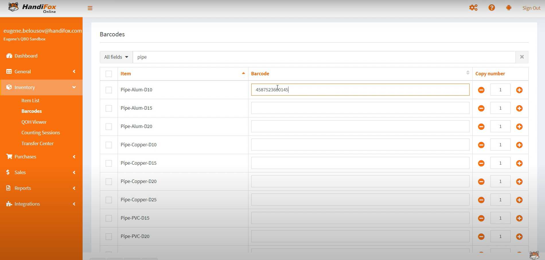 HandiFox Barcode List Interface Barcode list showing item numbers, barcode values, and search filter options.
