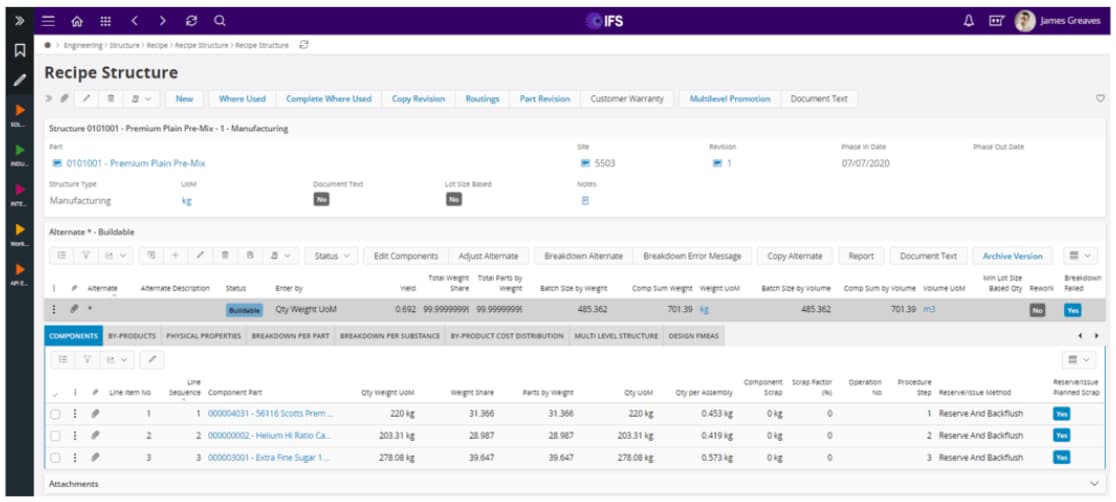 IFS Manufacturing ERP Dashboard Dashboard displaying recipe structure with detailed component and production data.