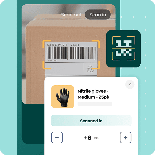 inFlow Barcoding Barcode scanning interface showing employee login, SKU verification, item quantity, and images.