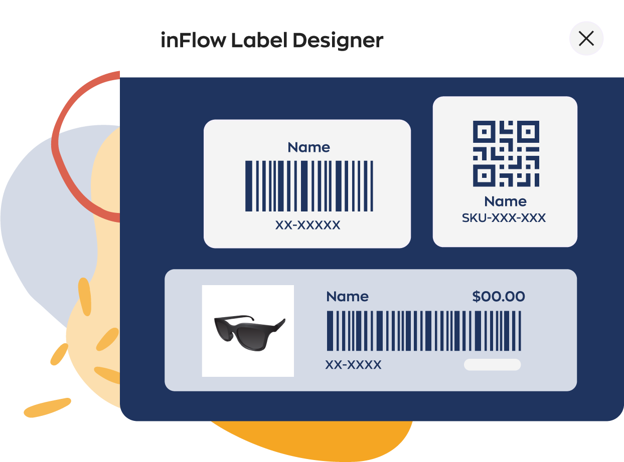inFlow Barcode Label Designer Interface inFlow label designer showing SKUs, product images, names, prices, and additional item details.