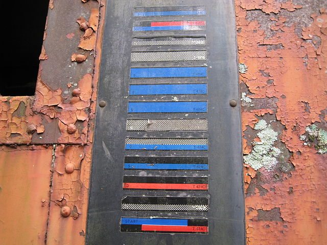KarTrak Barcode System for Railroad Car Tracking KarTrak label with colored bars and numbers used by American railroads in the 1960s to identify moving railcars automatically