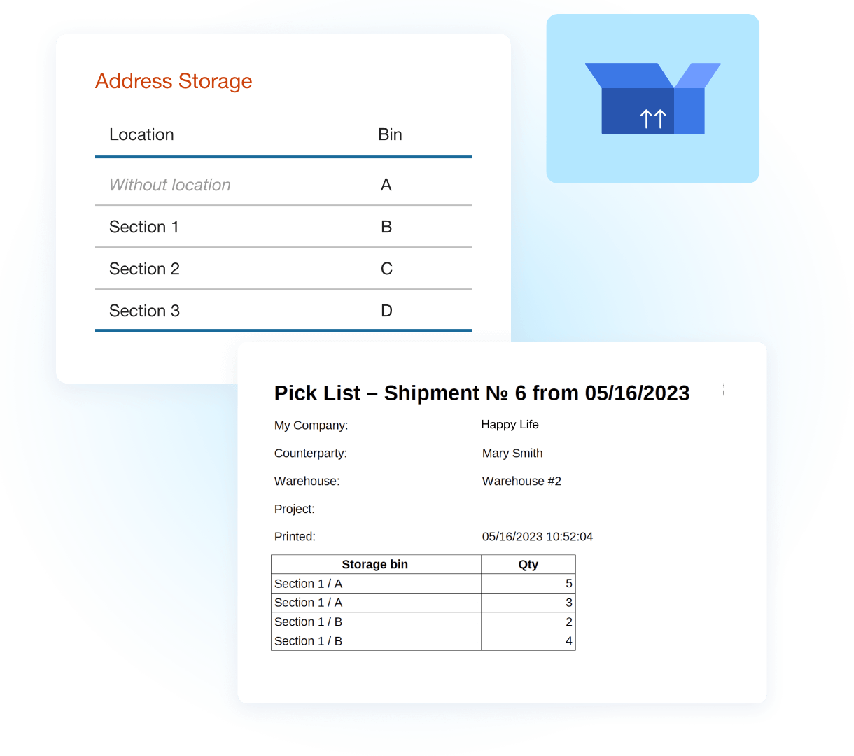 Inventory storage view in Kladana showing items organized by warehouse zones and bin locations