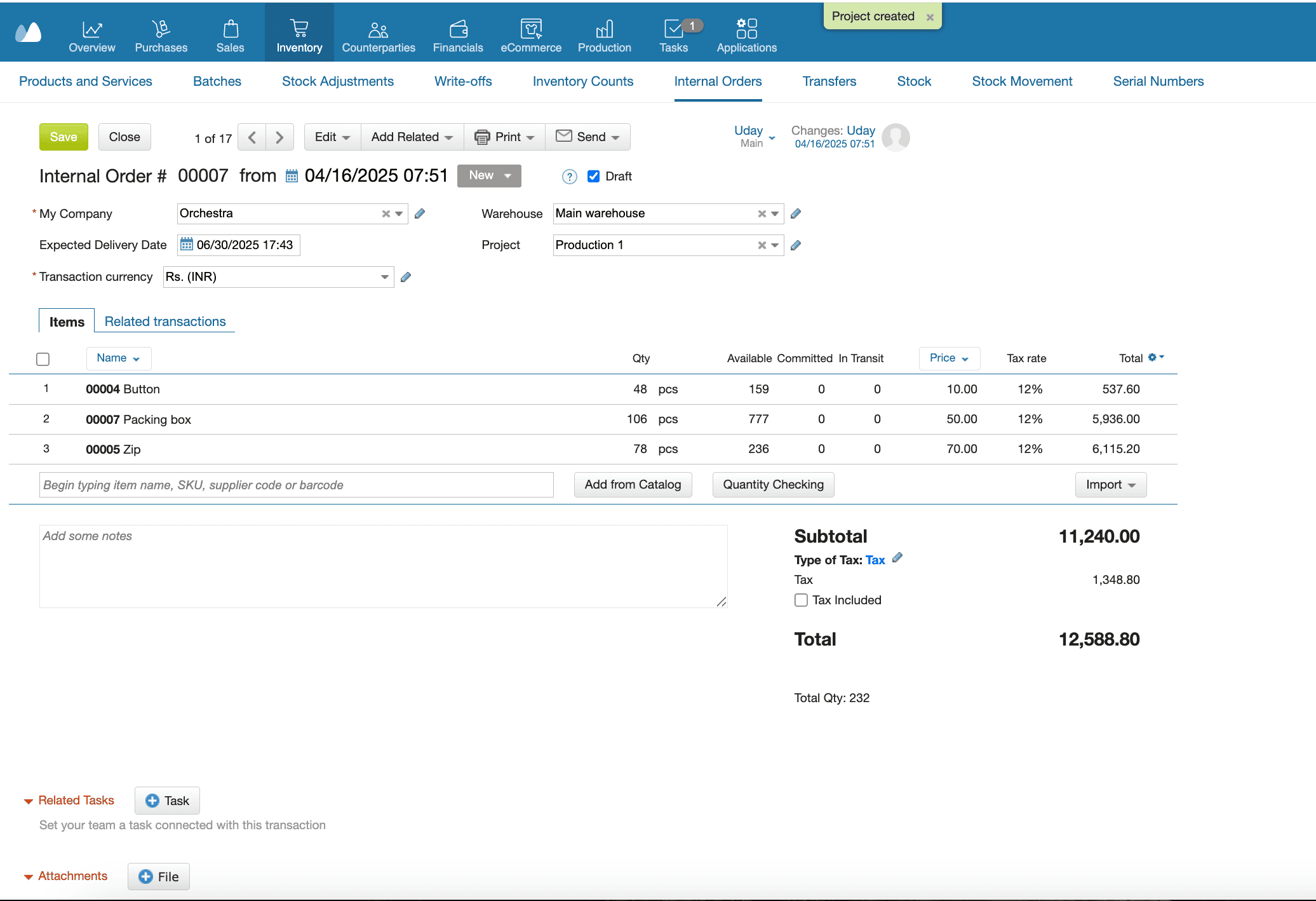 Using Internal Orders to Make Purchase Requisitions in Kladana Screenshot of the Kladana software showing the 'Internal Order' screen with the 'Create Purchase Requisition