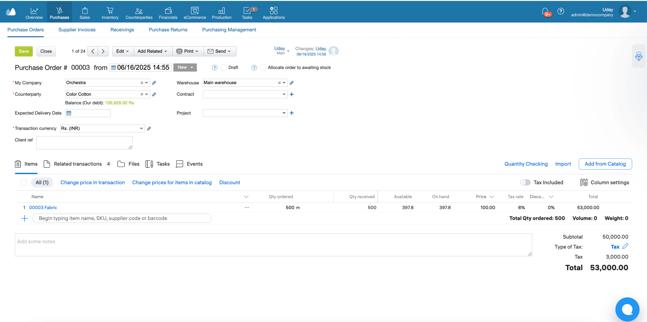 How to Create and Send a Purchase Order in Kladana | Step-by-Step Guide Showing the 'Create' button being clicked to finalize a purchase order within the Kladana software interface