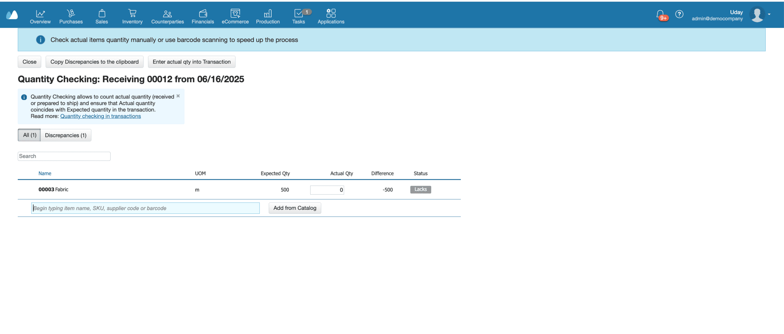 A Visual Overview of Kladana’s Goods Receiving Module Showing the receiving screen in Kladana, shows details like the supplier color, the item received, quantity, and a total cost