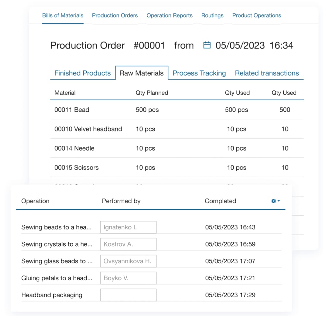 Kladana Manufacturing ERP Kladana production module showing order scheduling, operation tracking, and employee performance monitoring