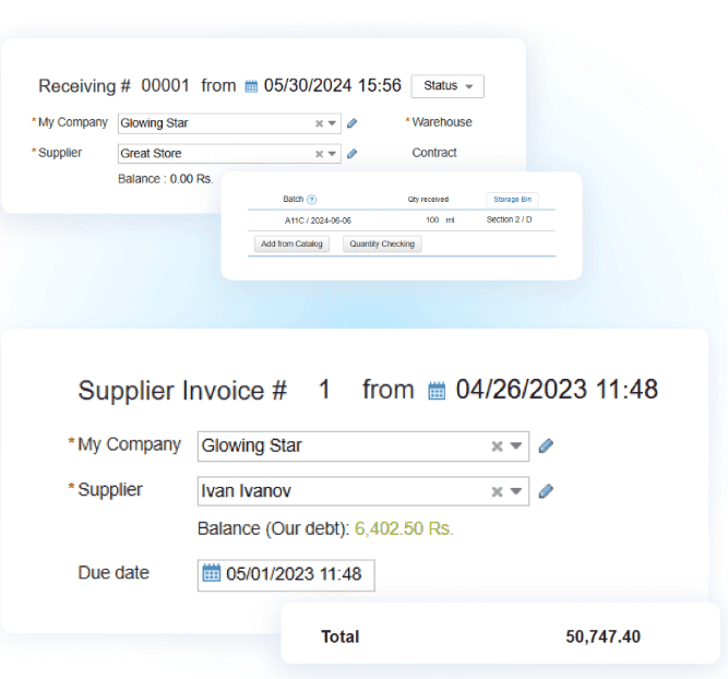 Purchase order view in Kladana showing items invoice by purchase management zones