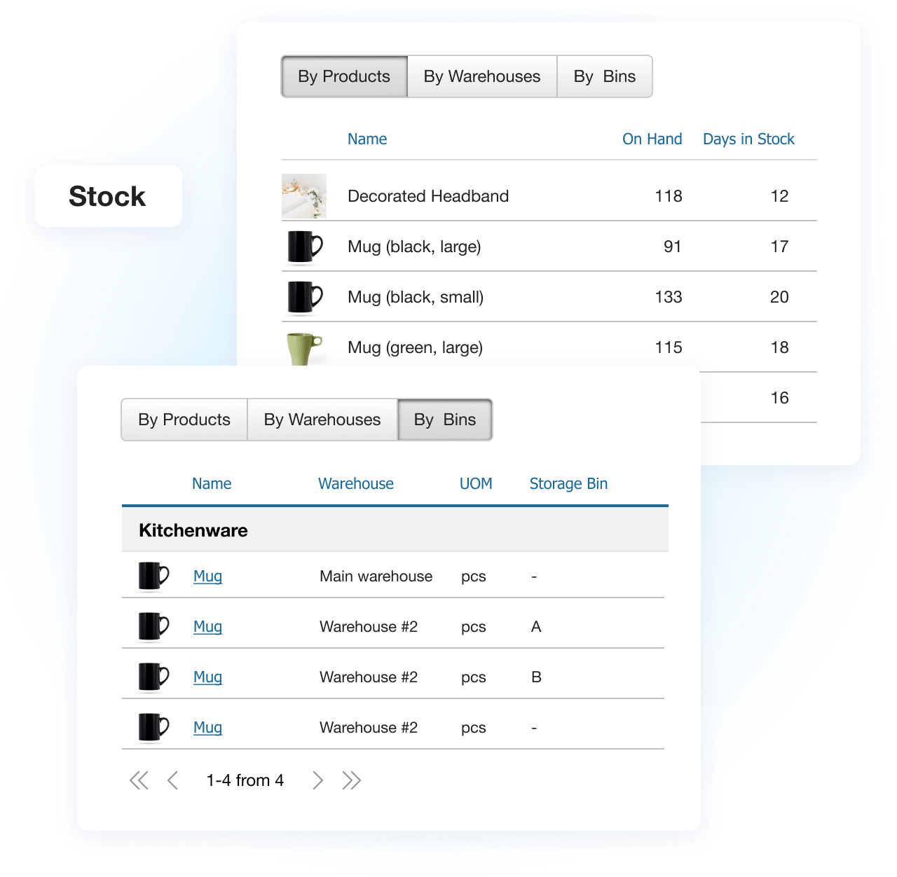 Warehouse inventory stock report from Kladana WMS showing item quantities and bin locations