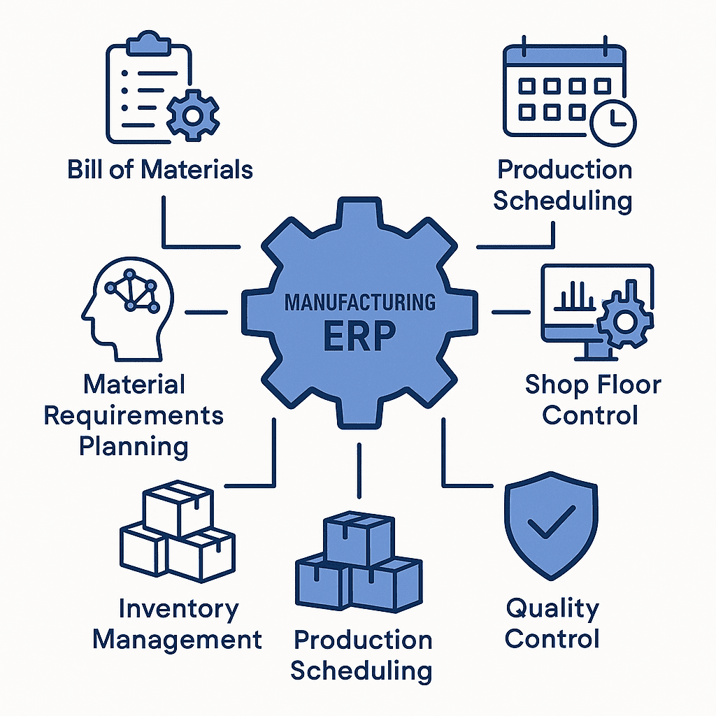 Core Components of Manufacturing ERP Software Visual list of key manufacturing ERP features including BOM, MRP, inventory tracking, production scheduling, quality management, and shop floor control.
