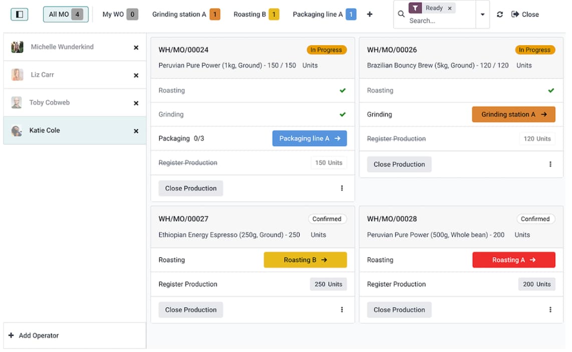Odoo Manufacturing ERP Dashboard Dashboard displaying work orders with statuses, assigned users, unit counts, and production stages.