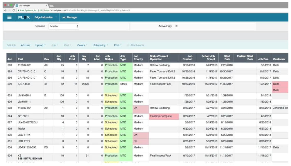 Plex Manufacturing ERP Dashboard Dashboard showing job orders with status updates, order types, due dates, and workflow tracking.