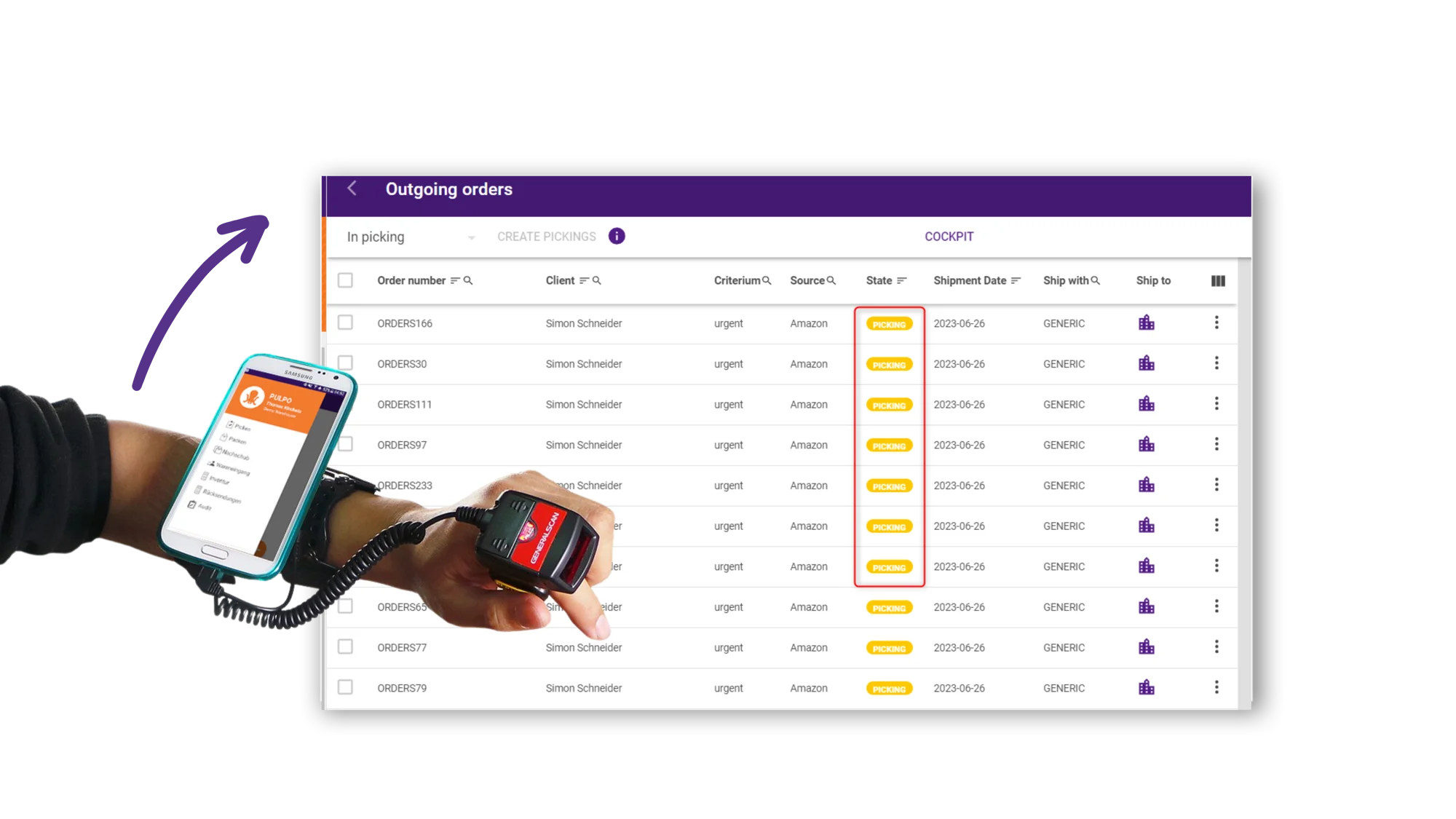 Pulpo WMS Picking and Packing Dashboard Dashboard displaying picking orders with columns for clients, criteria, source locations, statuses, and shipment dates.