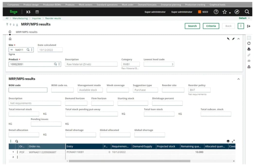Sage X3 Manufacturing ERP Dashboard Dashboard showing MRP and MPS results with product details, site data, categories, and bill of materials.