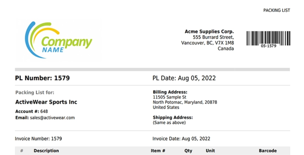 SalesBinder Packing List with Barcodes Packing list showing customer address, contact info, invoice and billing details with corresponding barcodes.