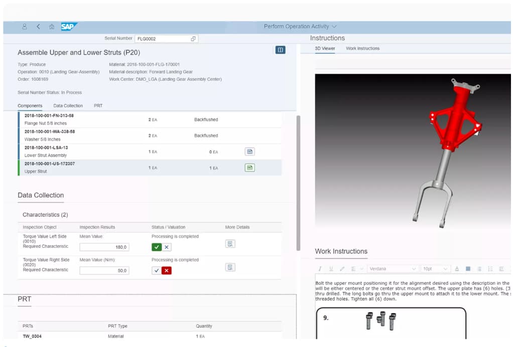 SAP Manufacturing ERP Dashboard SAP ERP production dashboard showing assembly instructions, images, data collection fields, and work order details.