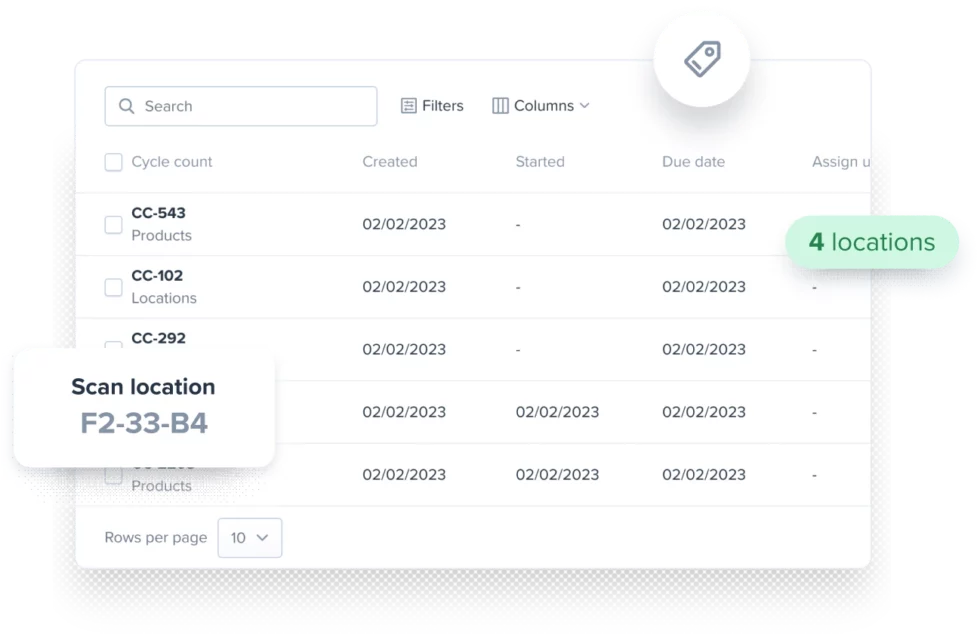 Shiphero WMS Dashboard Warehouse dashboard displaying stock locations, barcode scanning options, due dates, and filtering tools.