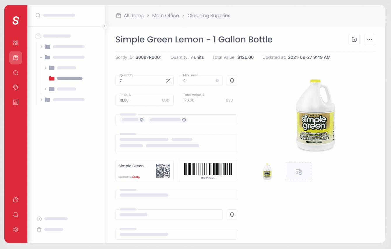 Sortly Dashboard for Inventory and Barcode Management Sortly inventory dashboard with product images, barcodes, QR codes, pricing, and sorting filters.