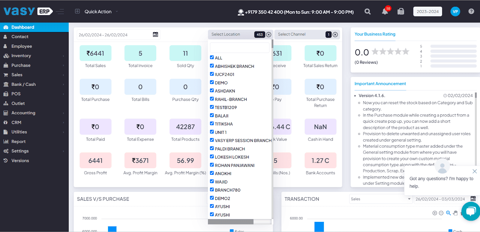 VasyERP Performance Dashboard Dashboard displaying total sales, gross profit, transaction volume, and overall business rating.